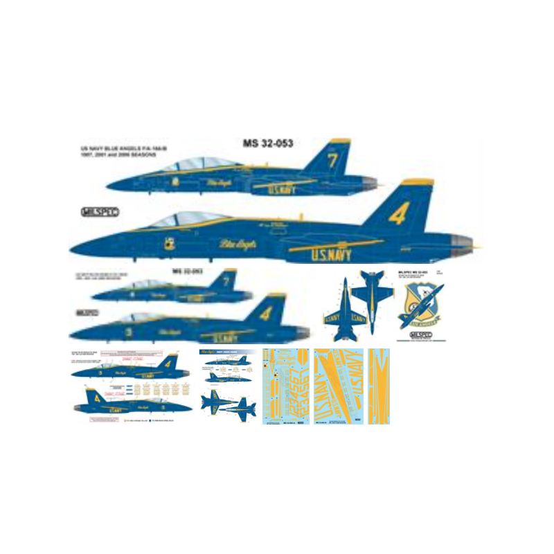 Décal BLUE ANGELS McDonnell-Douglas F/A-18A/B/C/D, SAISONS 1987-2001-ET 2006. COMPREND MAINTENANT LES BANDES DORSALES CORRECTES – Collection