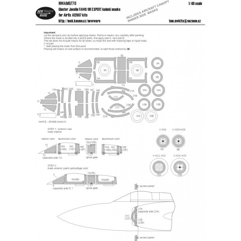 Masques kabuki Gloster Javelin FAW.9/FAW.9R EXPERT verrière d'avion comprenant masques latéraux intérieurs, roues, prises d'air – Collection