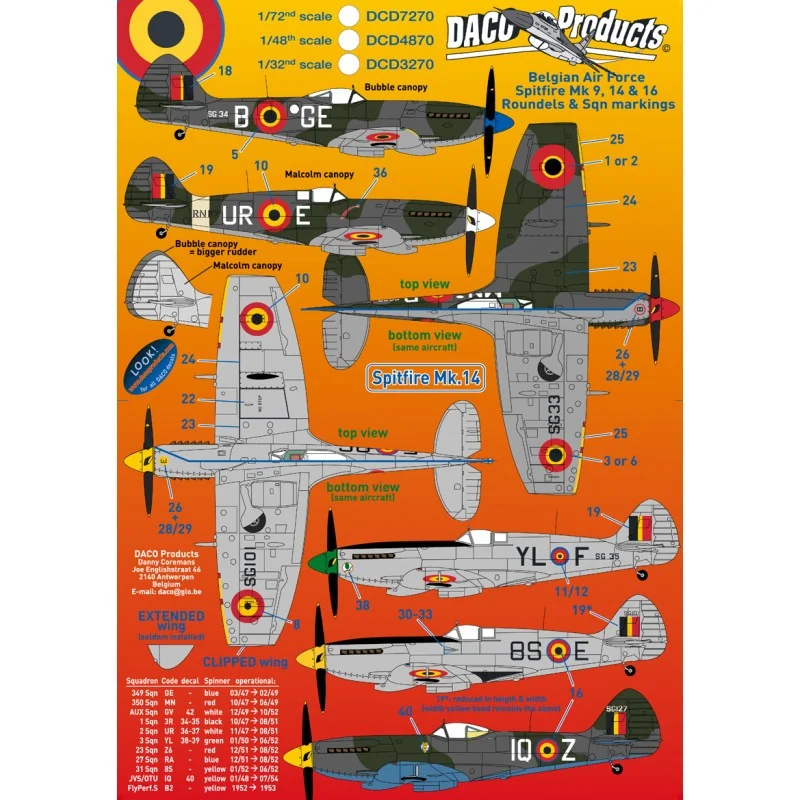 Décal Supermarine Spitfire Armée de l'Air Belge [Mk.IXc Mk.IXe Mk.XIV et Mk.XVI] – Collection