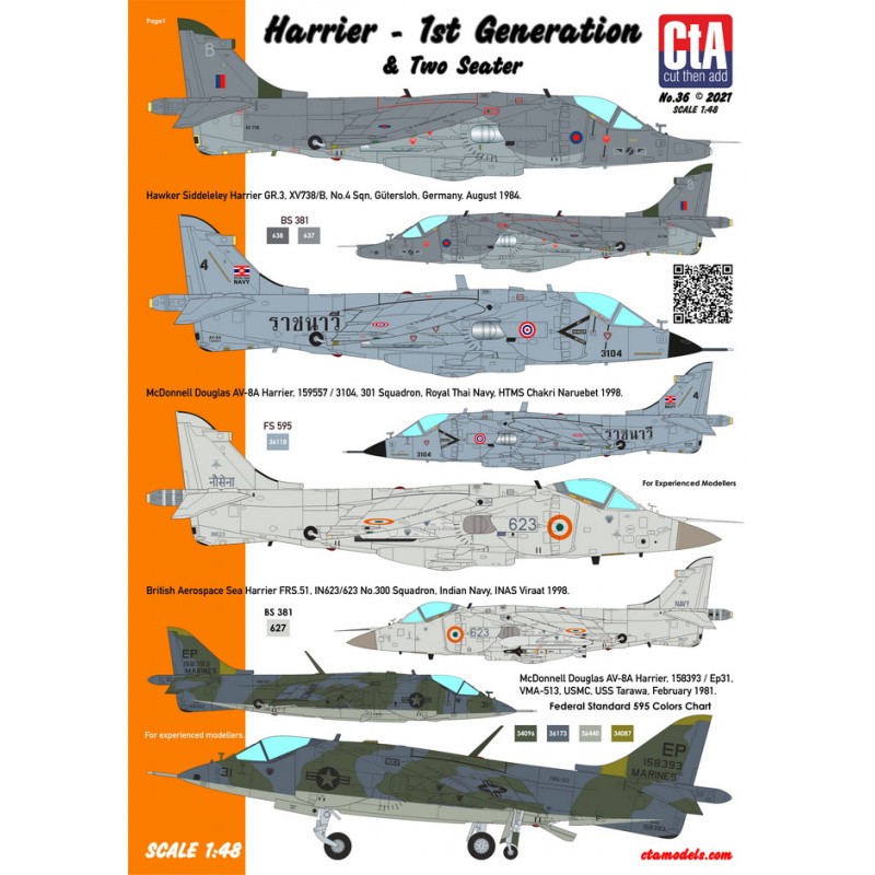 Décal BAe Harrier – 1st Generations & Two Seater (UK, Thailand, India, USA, Spain · 6 Markings) GR.3; AV-8A x 2 ; Sea Harrier FR